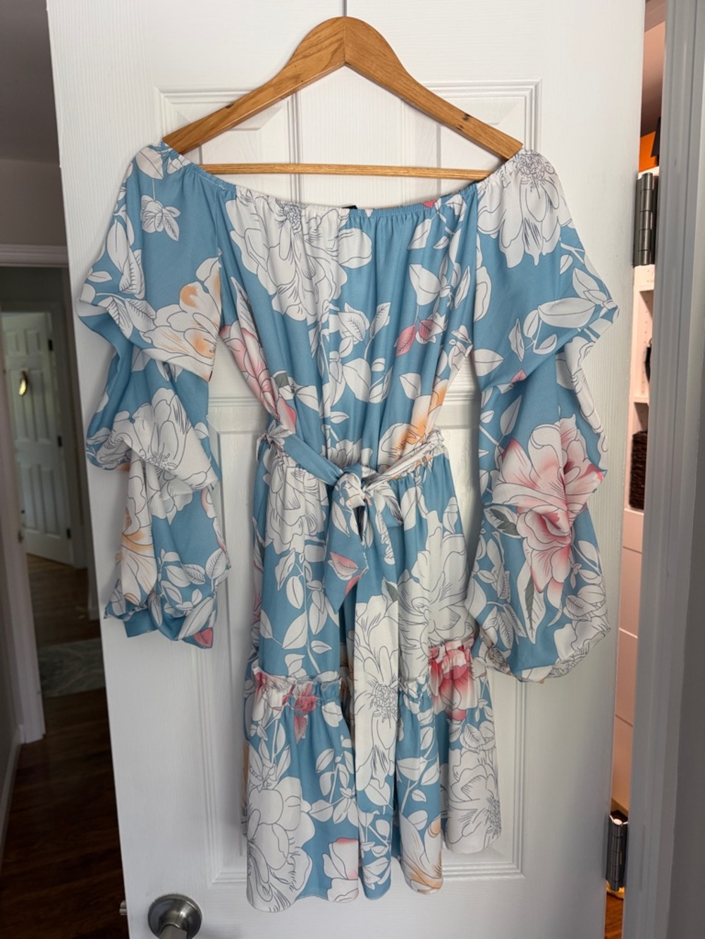 Light Blue Floral Off-Shoulder Ruffle Dress Size Small